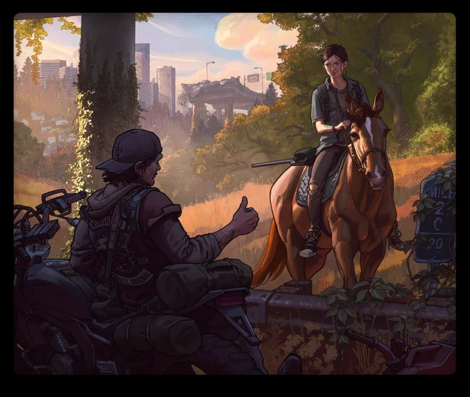 Deacon is out of fuel, leaning against his bike. Ellie is on her horse looking at Deacon. He has his thumb out trying to hitch a ride.