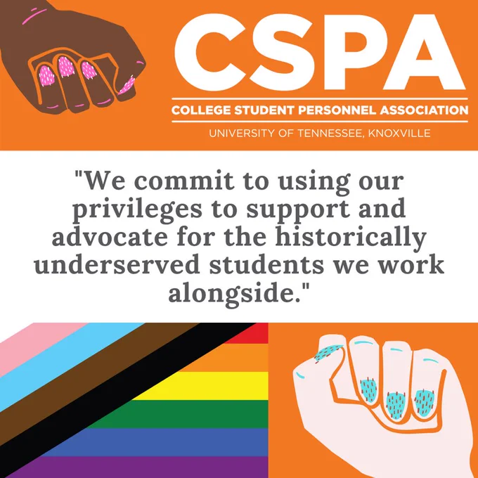 Two solidarity fists in the top left and bottom right corners. The qtpoc flag is in the bottom left corner. The College Student Personnel logo in the top right corner. Text says “we commit to using our privileges to support and advocate for the historically underserved students we work alongside.” A link to the full post on Facebook is in tweet.