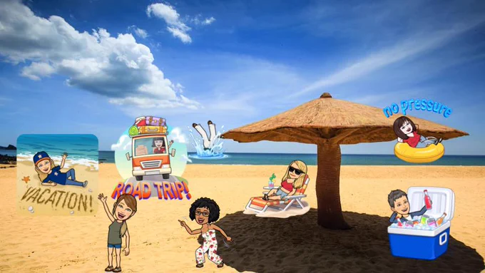 Beach scene with Bitmoji figures for 8 team members