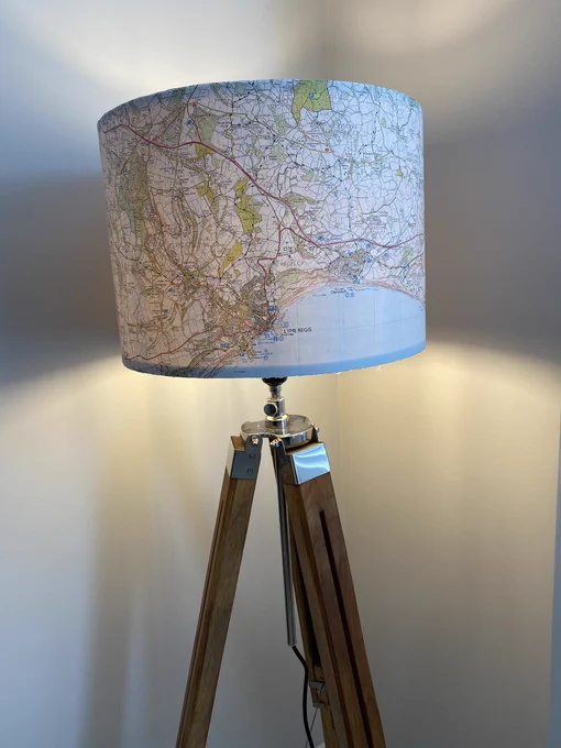 Lampshade with a map of Lyme Regis on it
