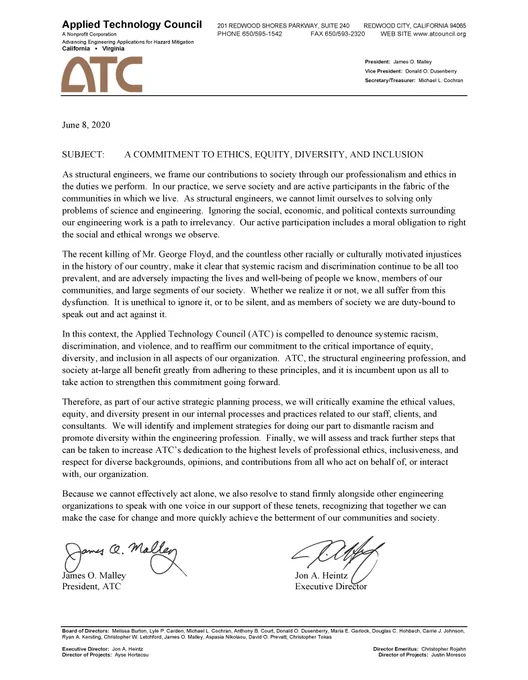 Image of ATC's full statement with subject "A Commitment to Ethics, Equity, Diversity, and Inclusion"