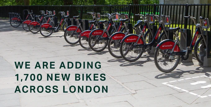 Photograph of Santander bikes at a docking station. Text reads: "We are adding 1,700 new bikes across London".