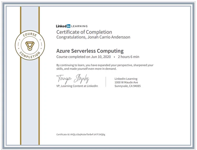 Jonah Andersson - Certificate Azure Serverless Computing