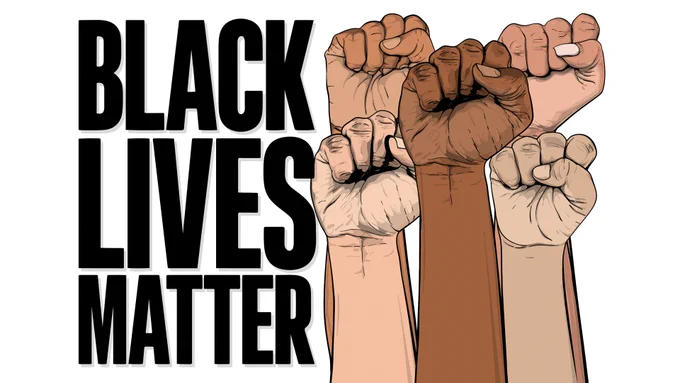 Illustration of raised fists in varying skin tones next to the words "Black Lives Matter."