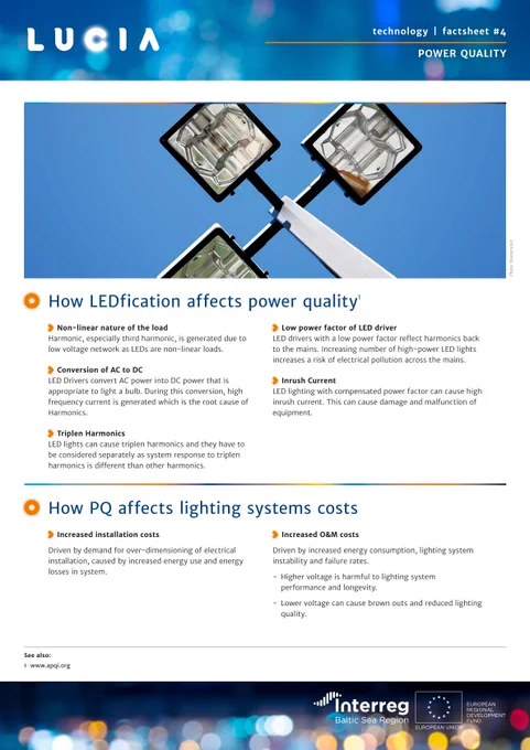 Screenshot of the LUCIA factsheet on the importance of power quality for LED lighting systems