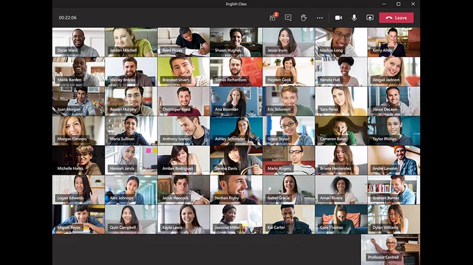 Picture of 49 video screens from students in a class