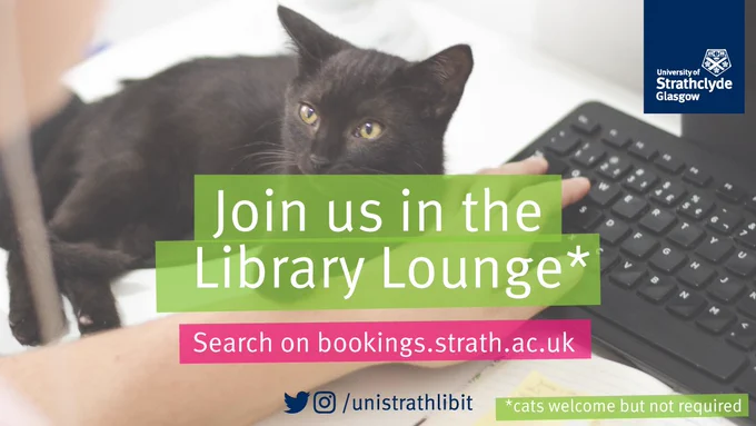 A cat places its paw on its owner's arm to stop them from typing on their keyboard. Words say 'Join us in the Library Lounge. Cats welcome but not required.' 
