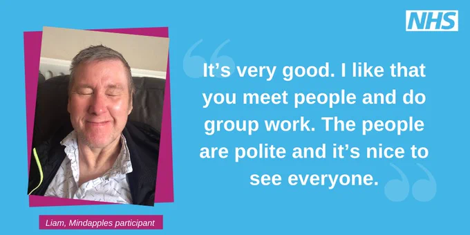 Photo of Liam smiling with his eyes closed next to his quote "It’s very good. I like that you meet people and do group work.   The people are polite and it’s nice to see everyone .”