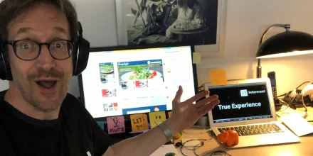 Design coach William van der Moolen shows his pride of the work from the teams he coached during the #restarthealthcare hackathon, June 2020