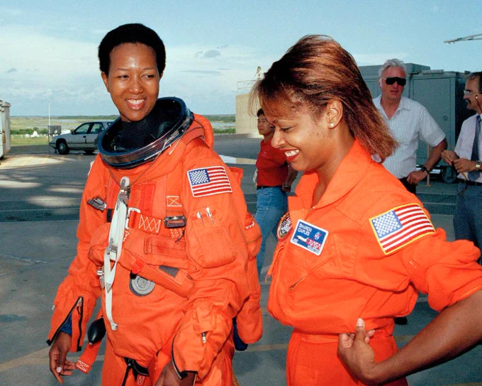 Mae Jemison (left) and Sharon McDougle (right) in training