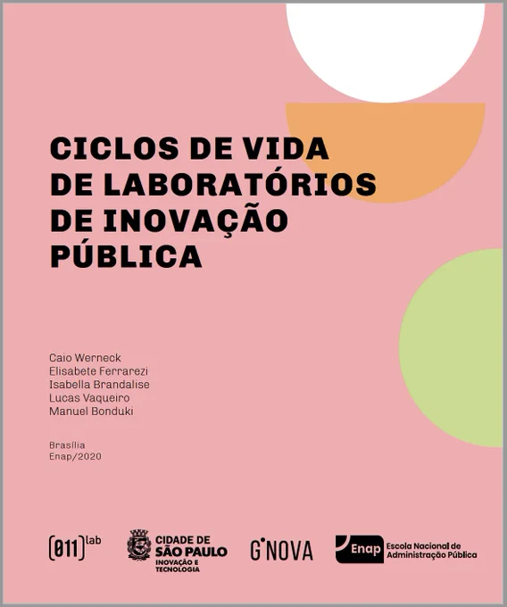 Capa do livro "Ciclos de Vida de Laboratórios de Inovação Pública". A capa é na cor salmão com semi-círculos na cor branca, laranja e verde, em tom pastel. A grafia é preta e tem o nome dos autores ( Caio Werneck, Elisabete Ferrarezi, Isabella Brandalise, Lucas Vasqueiro e Manuel Bonduki). E também o logo das instituições: 011 Lab, Cidade de São Paulo, Gnova e Enap.