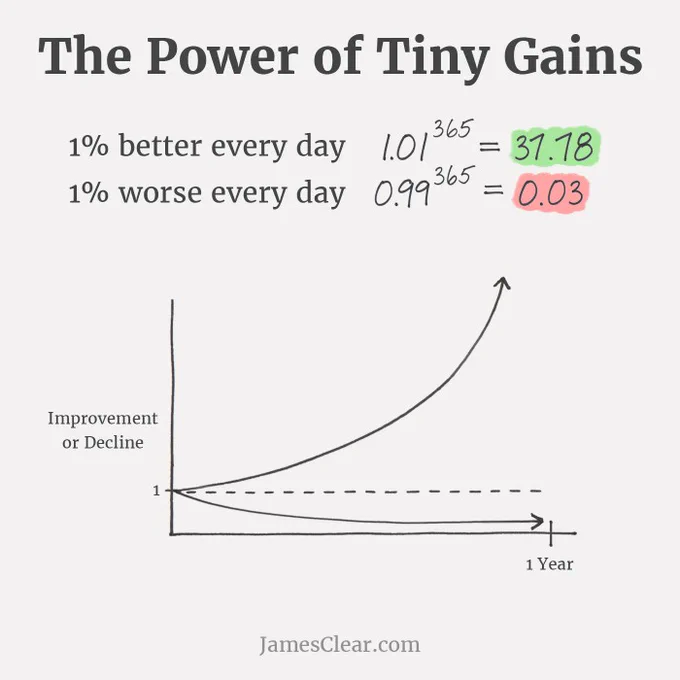 1% better/worse every day graph. In one year, if you do 1% better every day, that's a 37.78% increase. But 1% worse is a 0.03% decrease.