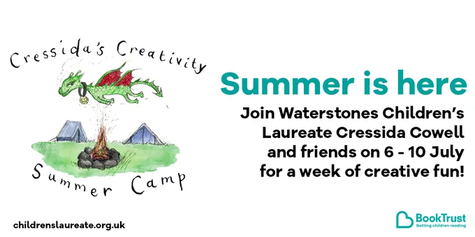 Summer is here! Join Waterstones Children's Laureate Cressida Cowell and friends on 6-10 July for a week of creative fun!

And a drawing by Cressida Cowell of a dragon by a campfire
