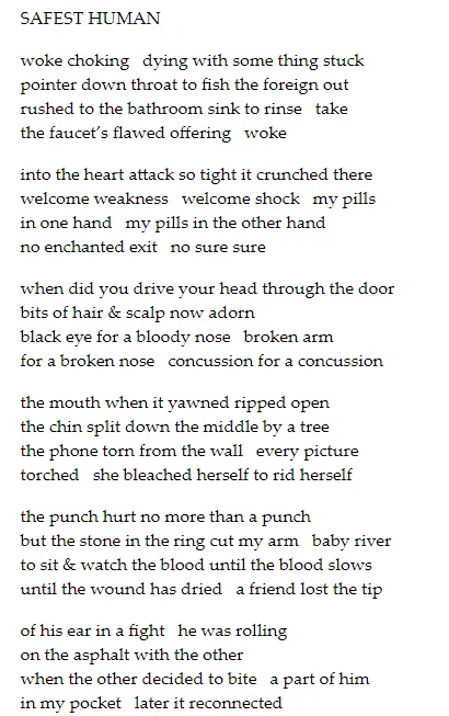 Stanzas 1-6 of Brian Henry's "Safest Human"