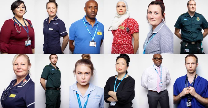 Montage of all 12 portraits of NHS staff taken by photographer Rankin.