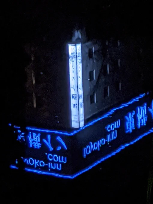 Neon light of a Japanese hotel reflecting on the water at night.