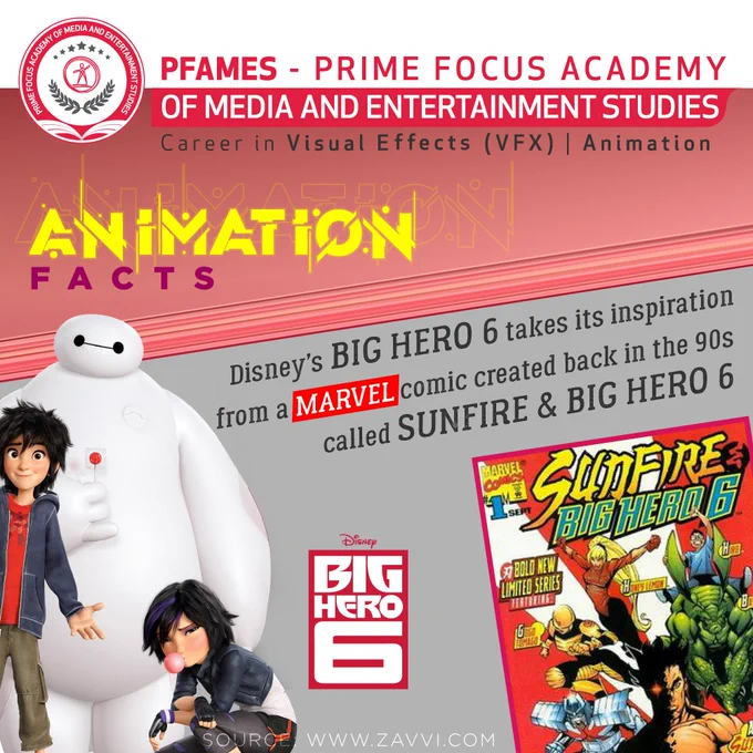 #PrimeFocusAcademy(PFAMES)
#Animation

Animation Facts - Movie - Bighero6

The movie Big Hero 6 takes its inspiration from a Marvel comic created back in the 90's called SUNFIRE & BIG HERO 6.

Get Free Career Counseling session by Industry Experts in world's fastest growing Industry Media & Entertainment(VFX /Animation) Enquire here:  Mumbai:  91 86574 37725 | enquiry@pfames.com. Kindly visit http://www.pfames.com.

Learn it the Right Way , Learn it the Industry Way

#careers #counselling #careercourse #VisualEffects #LearnVFX #Animation #VFXwithPrimeFocus #PFAMES #animationfunfact
