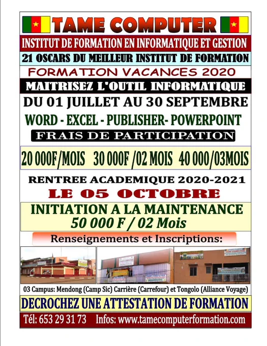 Profitez des vacances scolaires pour maîtriser l’outil informatique dans un Institut de Formation Professionnelle de renommée Internationale.
