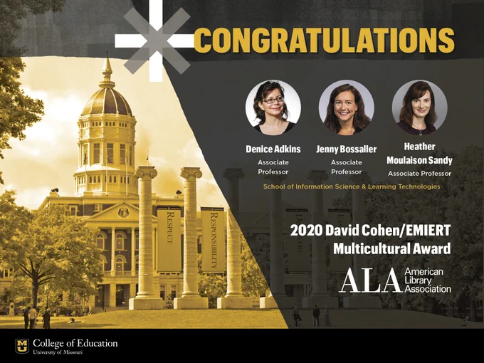 Congratulations and photos of Denice Adkins, Jenny Bossaller, and Heather Moulaison Sandy for 2020 David Cohen/EMIERT Multicultural Award