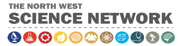 'The North West Science Network' written in capital letters with eleven science-related icons underneath