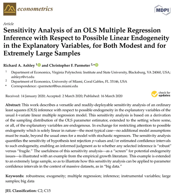A. Ashley, R.; F. Parmeter, C. Sensitivity Analysis of an OLS Multiple Regression Inference with Respect to Possible Linear Endogeneity in the Explanatory Variables, for Both Modest and for Extremely Large Samples. Econometrics 2020, 8, 11. doi:10.3390/econometrics8010011.