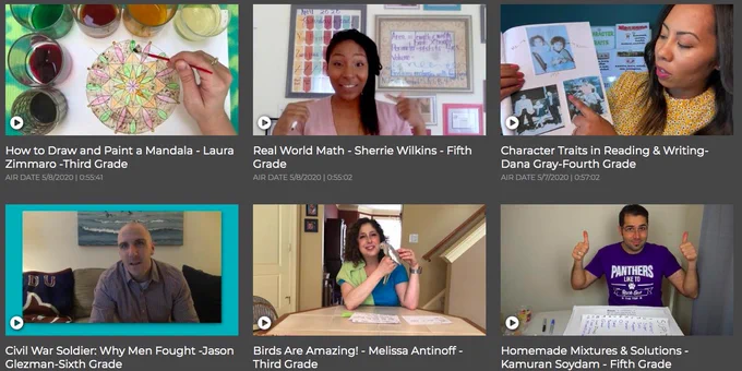 Six screenshots of educational television episodes. Three images at the top show a drawing, a smiling woman, and a woman holding a book. Six images on bottom show a man, a woman with a bird, and a man giving a thumbs up gesture.