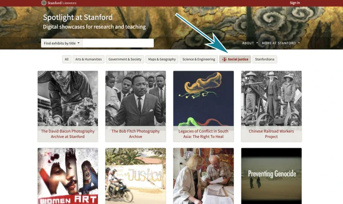 Screenshot of Spotlight at Stanford exhibits page with an arrow pointing to the new "Social Justice" tag button.