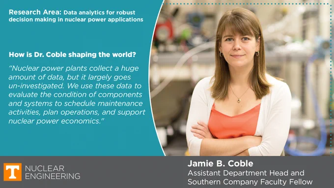 Jamie Coble quote reading, "Nuclear power plants collect a huge amount of data, but it largely goes un-investigated. We use these data to evaluate the condition of components and systems to schedule maintenance activities, plan operations, and support nuclear power economics."