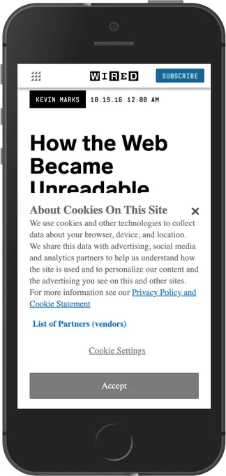 Screenshot of a Wided.com article with the title "How the Web Became Unreadable" partly covered by a cookies alert