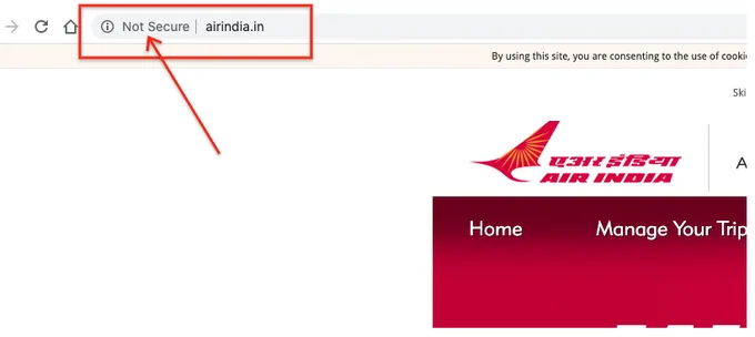 Air India's homepage without TLS/HTTPS