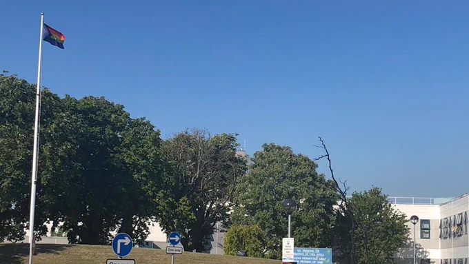 Pride flag flying at queen elizabeth hospital in Woolwich