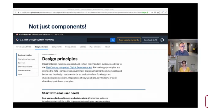 "Not just components!" a page from U S W D S in a screenshot, with presenters to the side