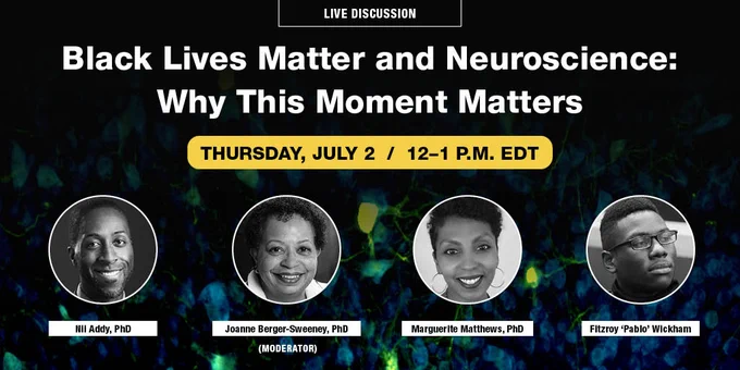 Neuroscience is stronger with diverse perspectives. On July 2 from noon – 1 p.m. EDT, join us for a panel discussion called, “Black Lives Matter and Neuroscience: Why This Moment Matters.” Learn more and register today https://bit.ly/BLM_Neuroscience 