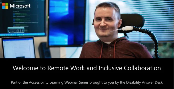 Person sitting in a wheelchair in the background, with text 'Welcome to remote work and inclusive collaboration."