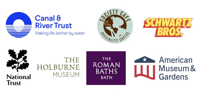 Logos of places to eat, drink and visit in Bath including: Canal & River Trust, National Trust, The Holburne Museum, The Roman Baths, Society Cafe, Schwarts Bros and American Museum & Gardens. 