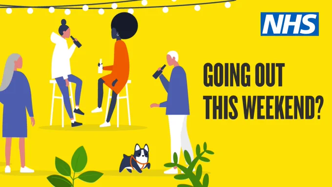 A group of people socialising, with text that reads" Going Out This Weekend?"
