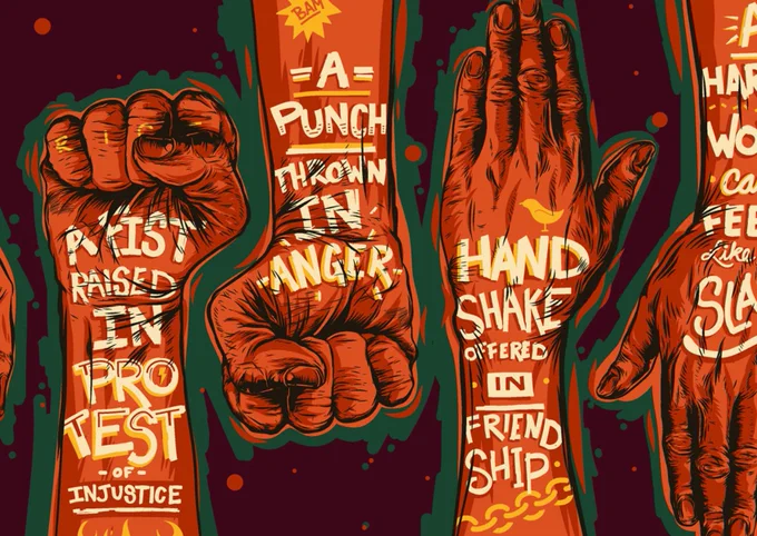 Image showing fists with different phrases written on them, including "A fist raised in protest of injustice"