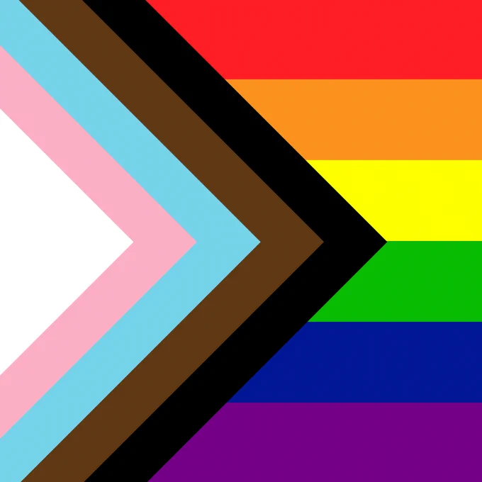 Pride flag joined by black, brown, light blue, pink, and white stripes.