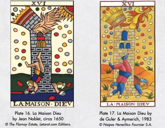 These to different versions of the House of God card from the Marseille Tarot, depict the flames at the top of the tower going in different directions. In the Noblet card, the flames and smoke go up, in the Guler and Aymerich version the flames are coming down from the sun. The latter is typical to many of the Marseille styled cards. 