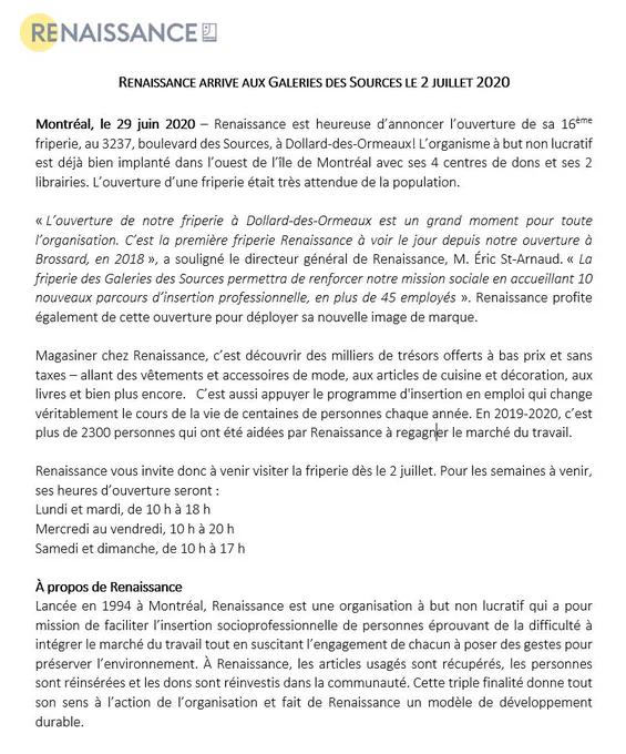 Renaissance arrive aux Galeries des Sources le 2 juillet 2020