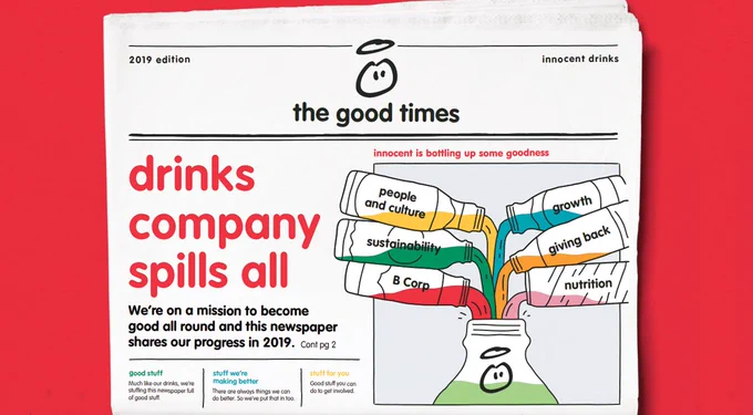 Here's the front page of our newspaper. It's called The Good Times, which is a shocking pun and we're very sorry. The headline is "Drinks company spills all". Another poor pun. We can only apologise.