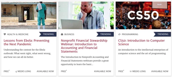 Three course descriptions, including "Lessons from Ebola," "Nonprofit Financial Stewardship Webinar," and "CS50" 