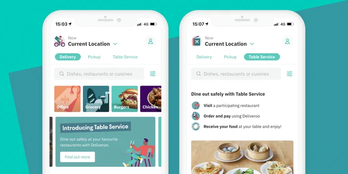 The Deliveroo app with a brand new "Table Service" page for ordering contact-free while dining in at your favorite restaurants. 