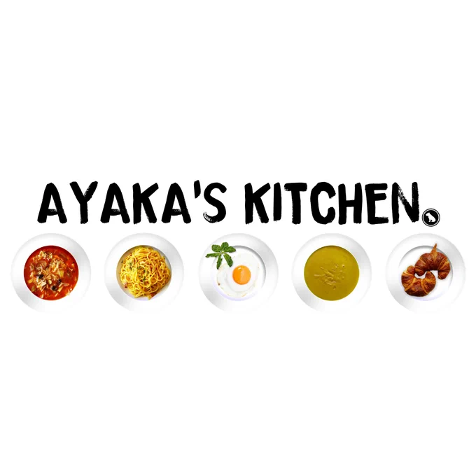 Alt Text 1: Over a white backdrop, the words "Ayaka's Kitchen" in all caps. Below the writing are 5 small plates of food.