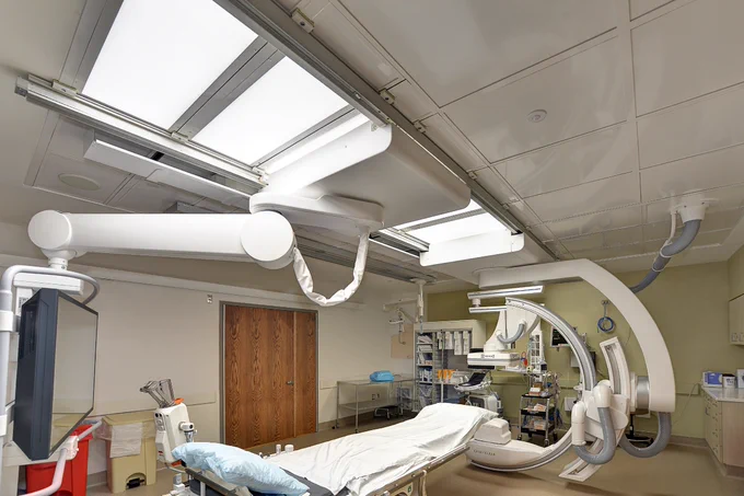 Ultrasuite laminar array with integrated lighting installed in hospital