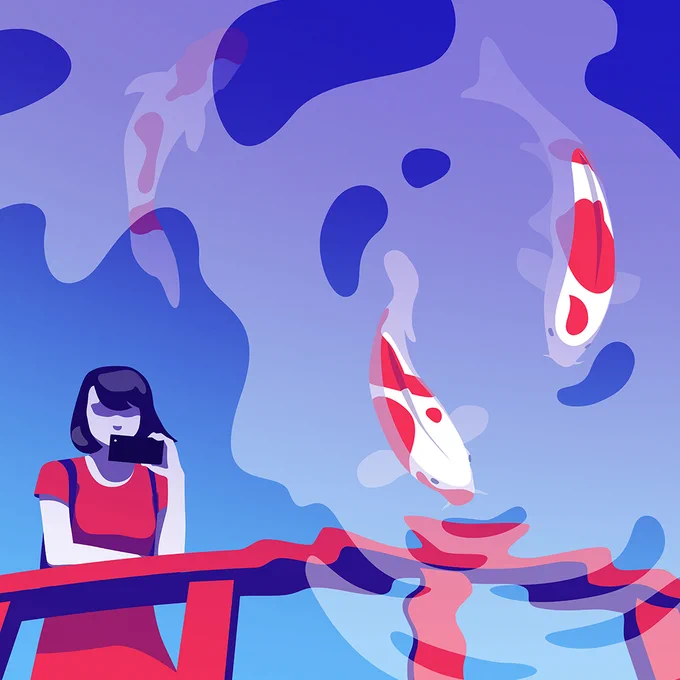 Drawing of a woman with short black hair and a red dress taking a picture on her phone of the koi in the pond below her. 
