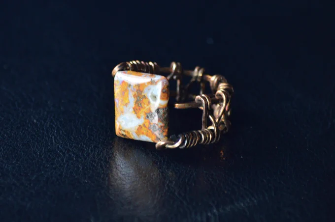 Wire wrap ring in natural copper with Ocean Jasper
