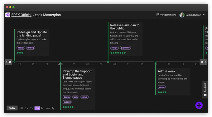 epek.app timeline view showing milestones with their status