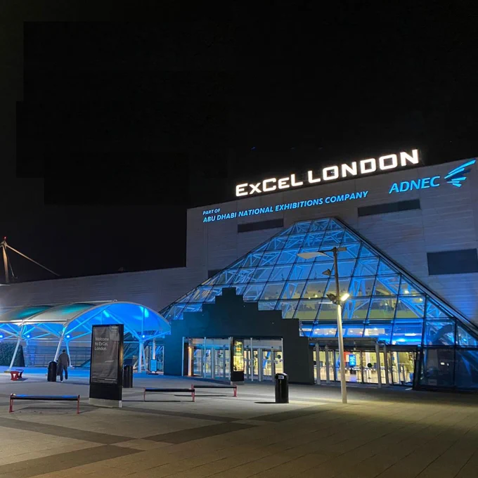 Excel Centre London lit up blue.
