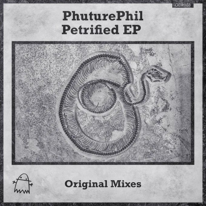 PhuturePhil's cover art for his new Petrified EP.  Depicts a fossilzed snake like creature in greyscale.